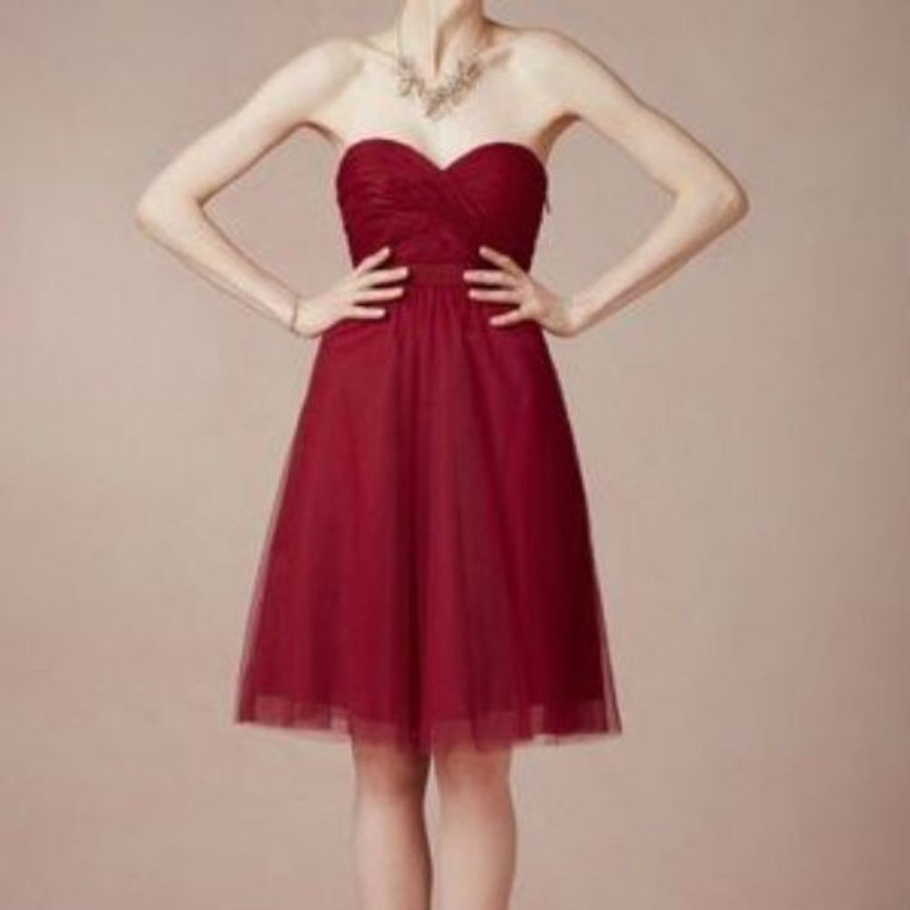 Quillaree Anthroplogie BHLDN Merlot Strapless Rushing Tulle Cocktail Dress Sz 6